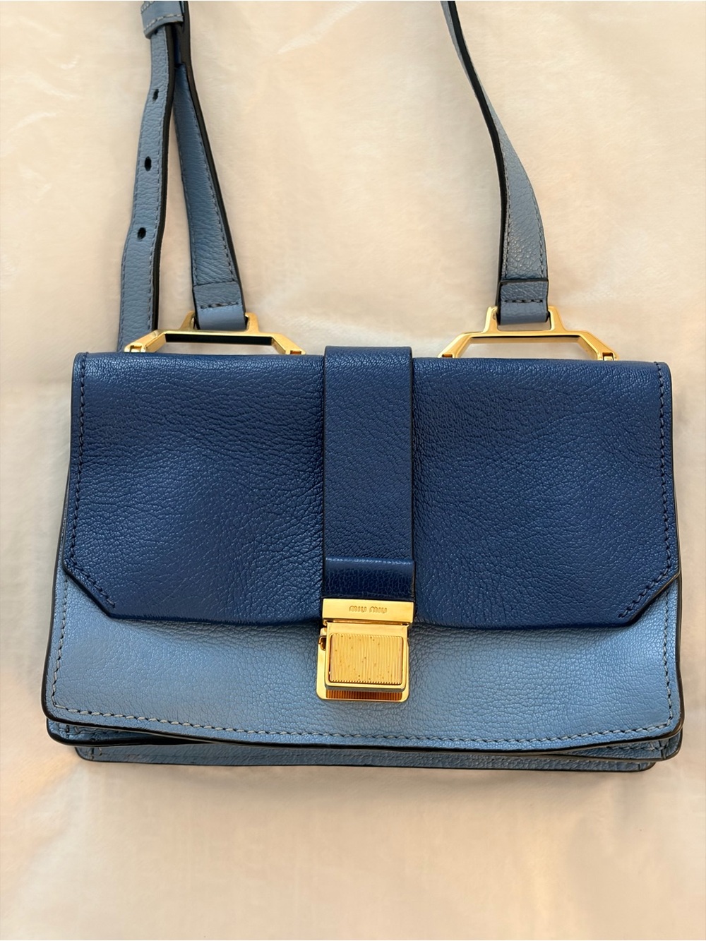 Miu Miu Two-Tone Navy and Light Blue Leather Crossbody with Gold Hardware